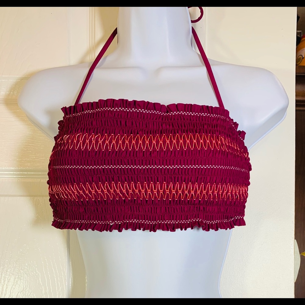 Burgundy Smocked Flounce Bandeau Bikini Top